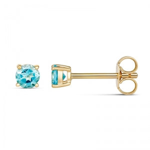 9CT GOLD 4mm ROUND CLAW SET BLUE TOPAZ STUD EARRINGS DECEMBER BIRTHSTONE