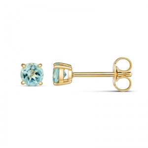9CT YELLOW GOLD 4mm ROUND CLAW SET AQUAMARINE STUD EARRINGS MARCH BIRTHSTONE