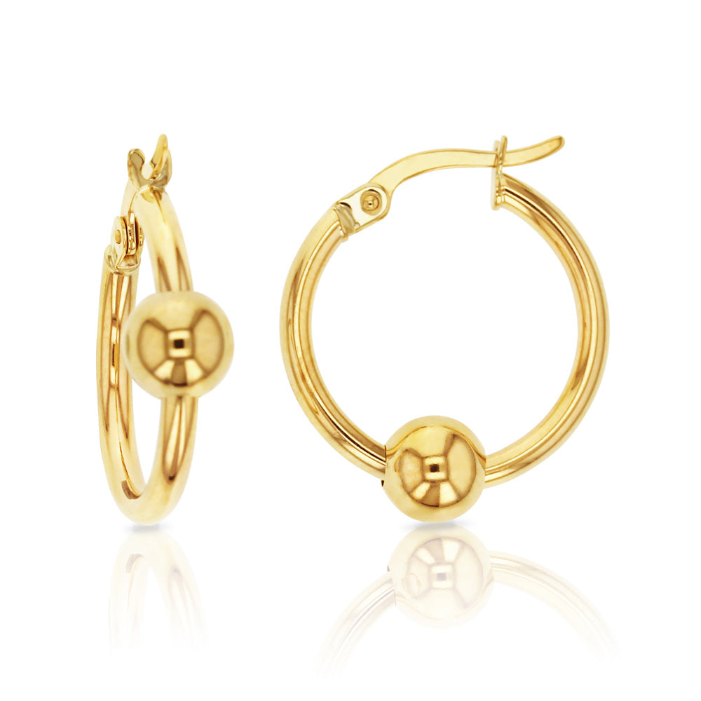 9CT YELLOW GOLD 2MM HOOP EARRINGS WITH SLIDING BALL