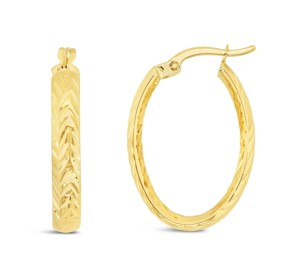 9CT YELLOW GOLD CHEVRON DIAMOND CUT OVAL HOOP EARRINGS