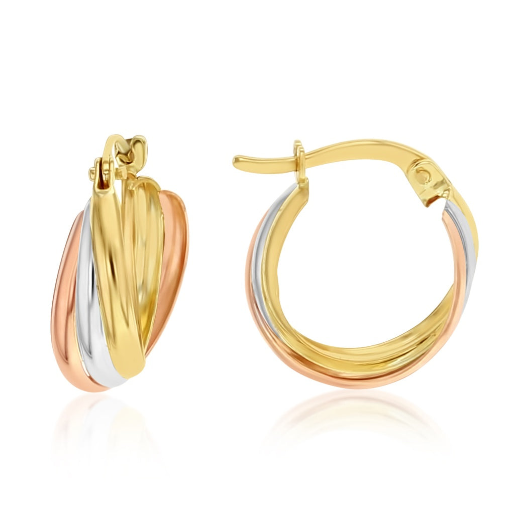 9CT YELLOW, ROSE AND WHITE GOLD 10MM HOOP EARRINGS