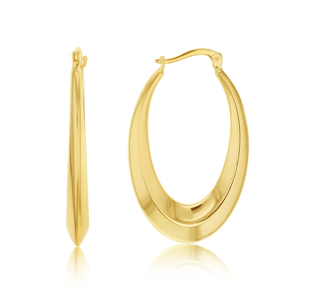 9CT YELLOW GOLD SILVER FILLED KNIFE EDGE GRADUATED OVAL HOOP EARRINGS