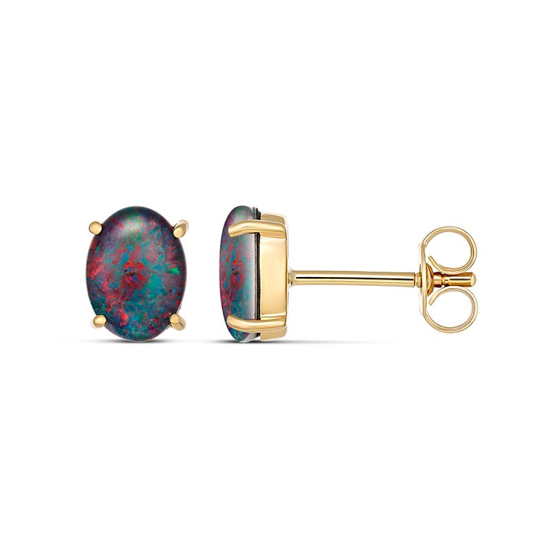 9CT YELLOW GOLD 8X6MM OVAL CLAW SET TRIPLET OPAL EARRINGS