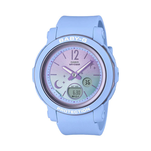 BABY G DUO MOON & STARS W/TIME ALARM S/WATCH 100M W SPARKL BLUE FACE BLUE RESIN BAND
