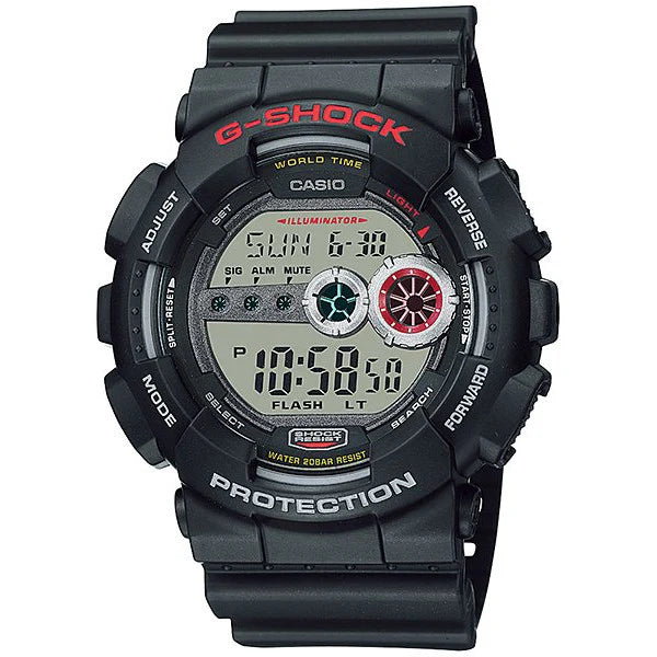G SHOCK DIGITAL 200M W/TIME, S/WATCH, BLK BAND/RED LARGE FACE