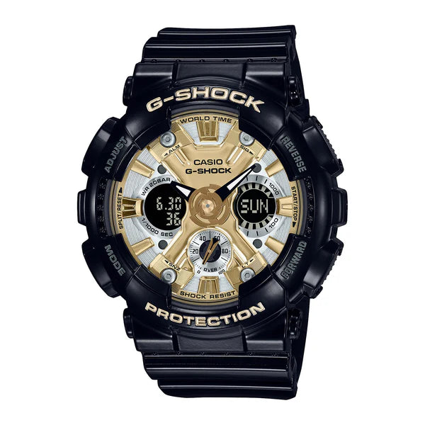 G SHOCK DUO MID SIZE STAY GOLD LED W/TIME S/WATCH 200M WHITE GOLD FACE BLK RESIN