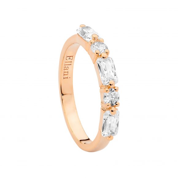 SS WH CZ ROUND & BAGUETTE RING W ROSE GOLD PLATING SIZE 7