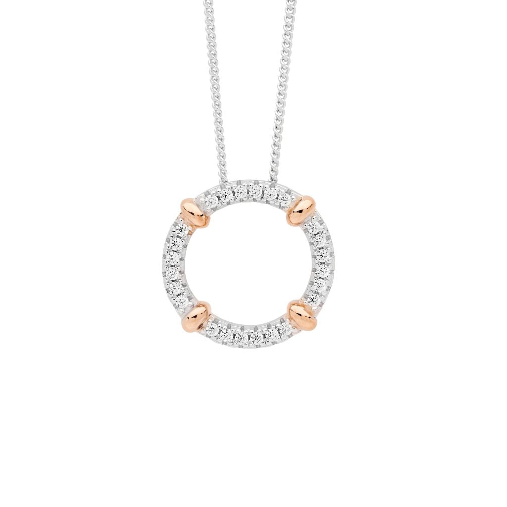 SS 16mm wh cz circle pendant w/ 4x rose gold plated bands