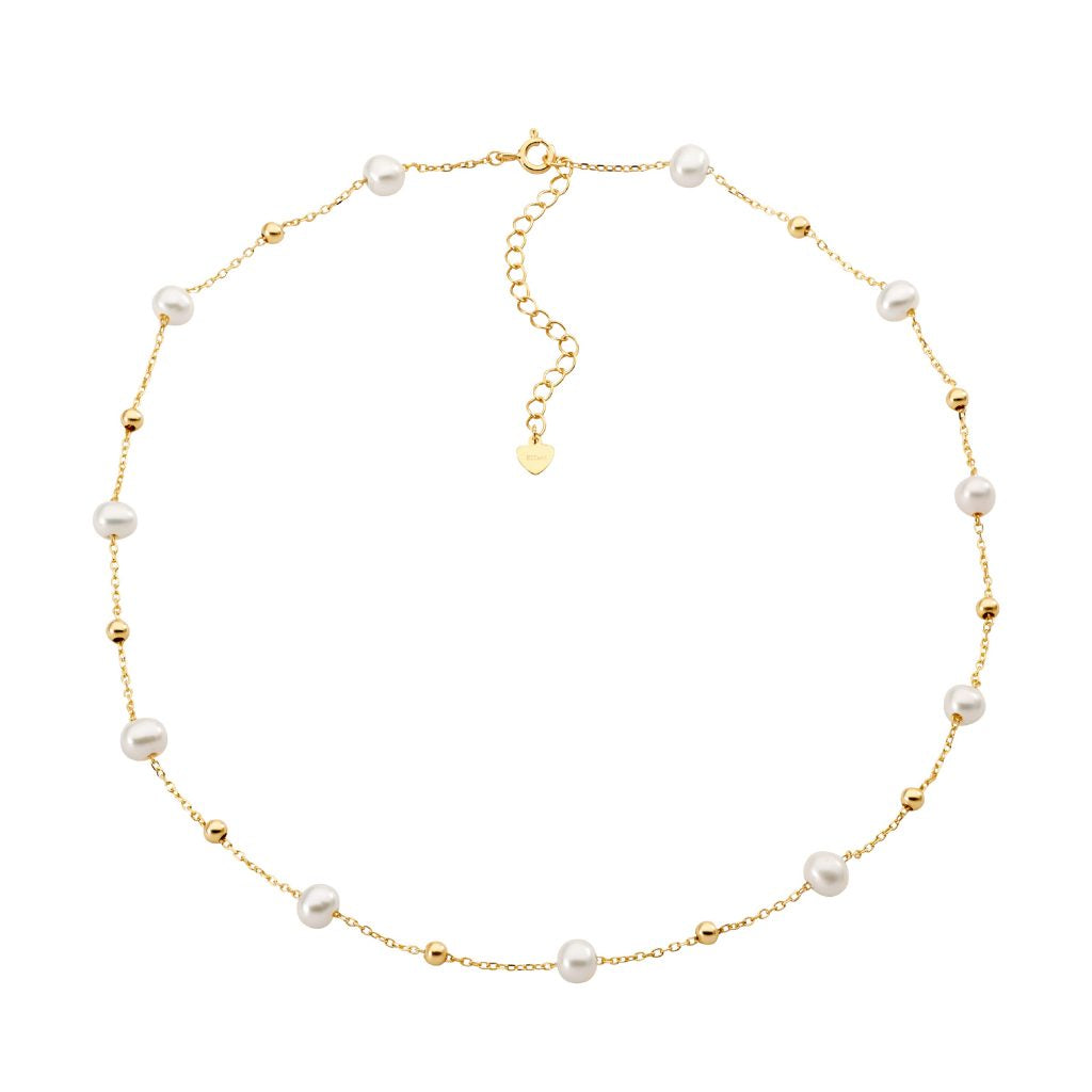 SS freshwater pearl & ball 40+5cm necklace w/gold plating
