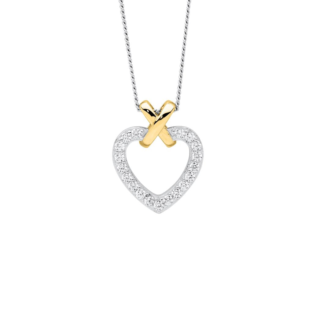 SS wh cz heart w/gold plated x pendant