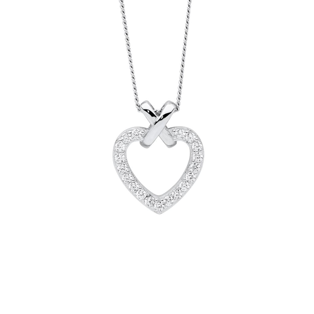 SS wh cz heart w/plain silver x pendant