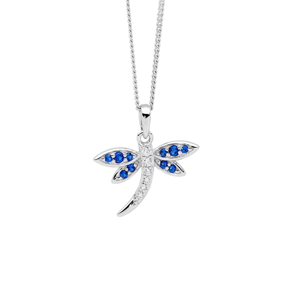 SS wh cz dragonfly pendant w/dark blue cz wings