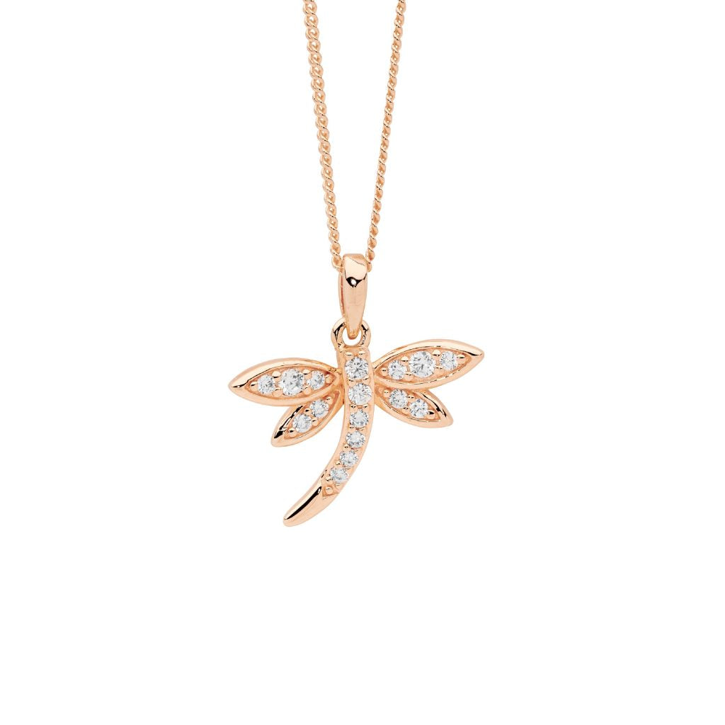SS wh cz dragonfly pendant w/rose gold plating