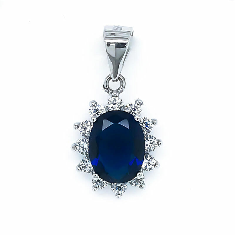 STERLING SILVER PRINCESS DIANA DARK BLUE 7X9mm OVAL CZ PENDANT