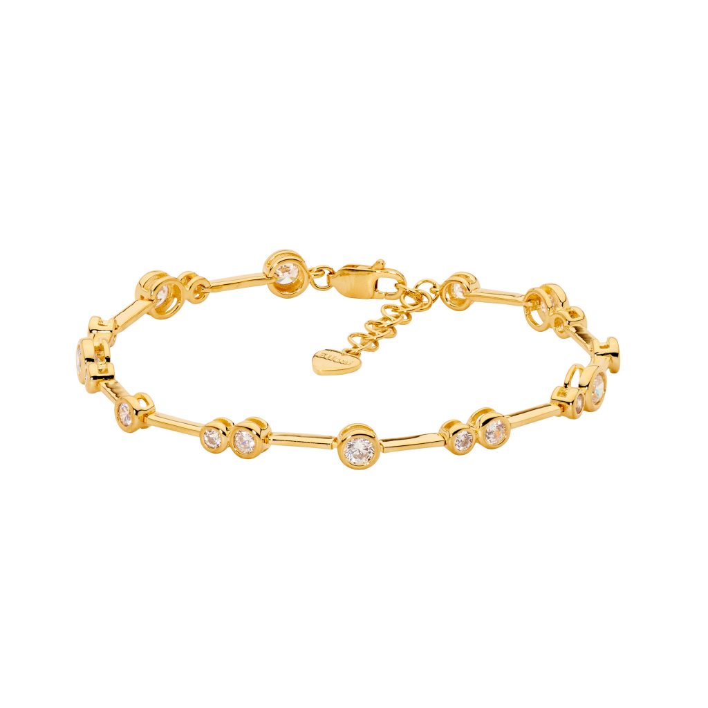 SS bezel set wh cz bar bracelet w/ext chain, gold plating