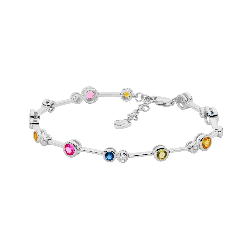 SS bezel set multi colour cz bar bracelet w/ext chain