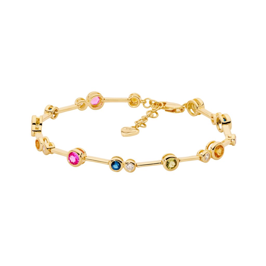 SS bezel set multi colour cz bar bracelet w/ext chain, gold plating