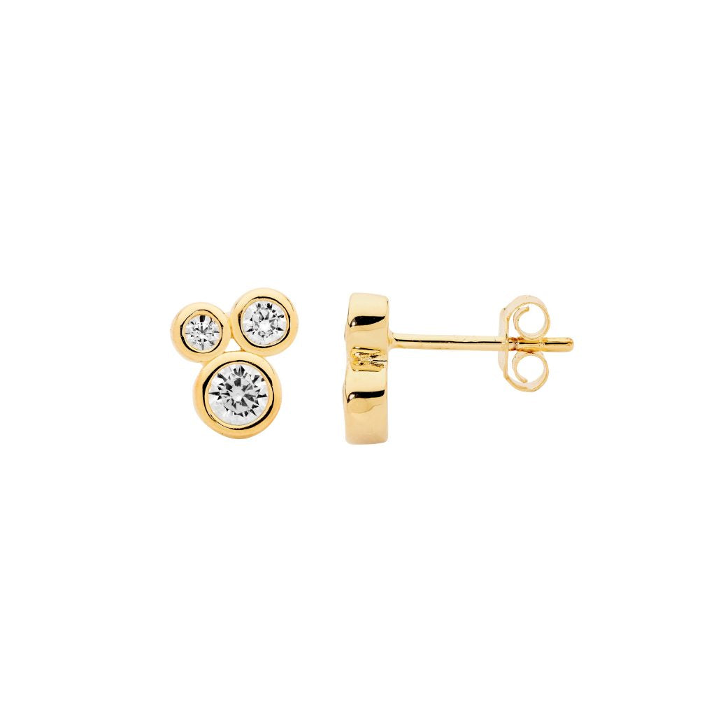SS bezel set wh cz cluster earrings w/gold plating