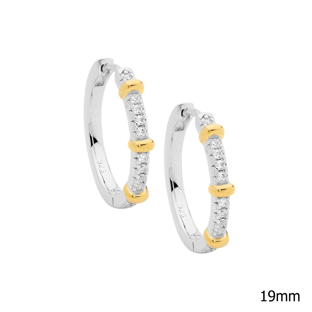 SS 19mm wh cz hoop earrings w/ 3x gold plated bands