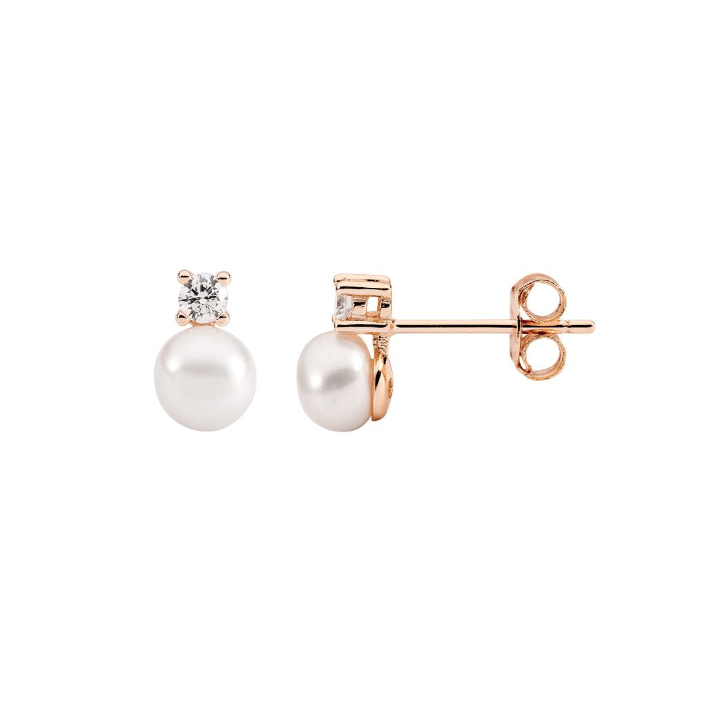 SS 2.5mm claw set wh cz, 5mm freshwater pearl earrings w/ rose gold plating