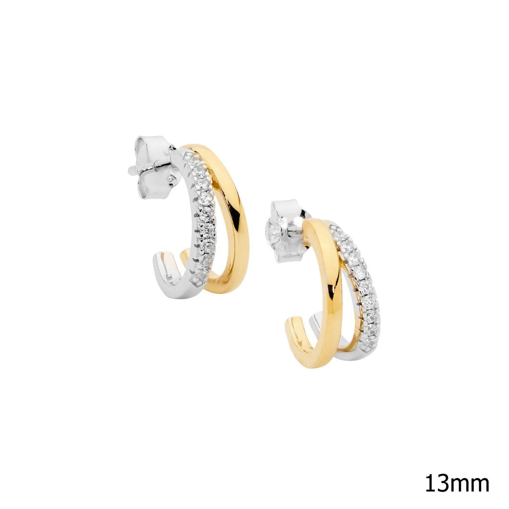 SS 13mm dble split hoop earrings, 1 hoop wh cz w/gold plating