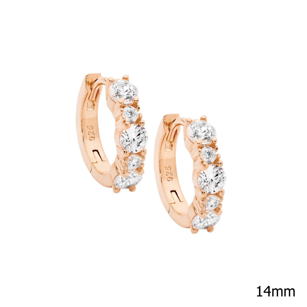 SS 14mm hoop earrings w/ 2 & 3.5mm wh cz, rose gold plating