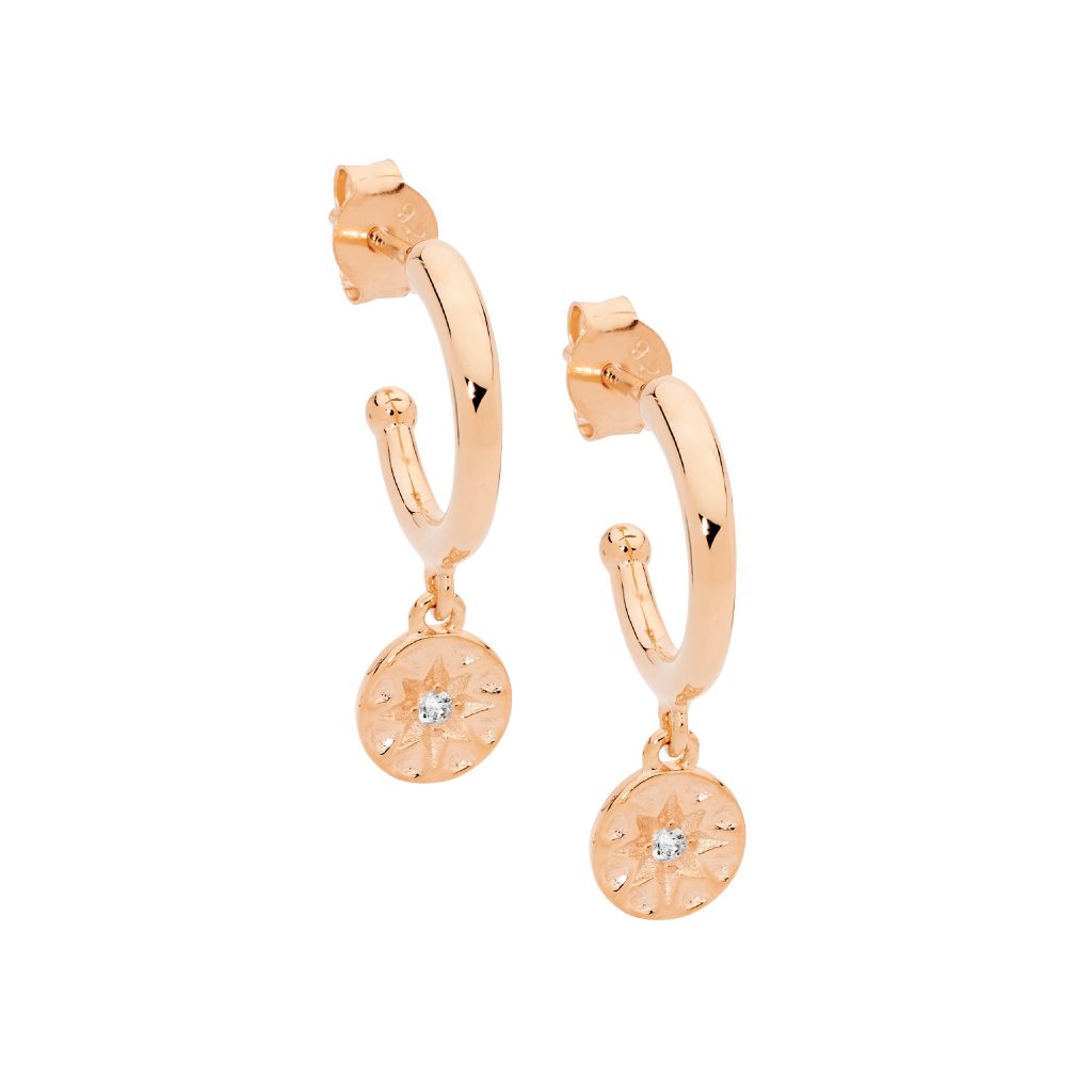 SS 13mm hoop earrings, wh cz star disk w/gold plating