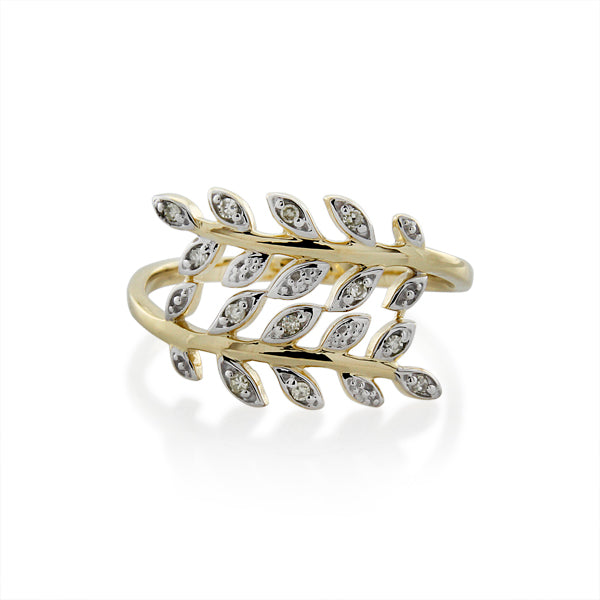9CT YELLOW GOLD DIAMOND LEAF RING TDW=0.06CT JK P2 SIZE O