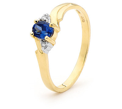 9ct yellow gold created ceylon sapphire & diamond ring