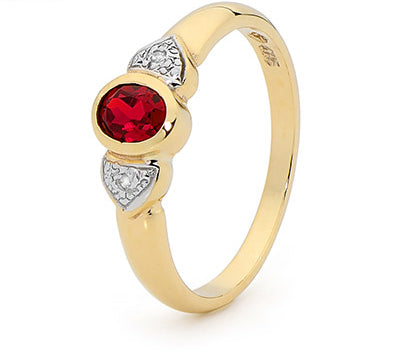 9CT YELLOW GOLD CREATED RUBY RING BEZEL SET