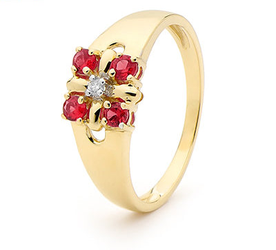 9CT YELLOW GOLD CREATED RUBY RING
