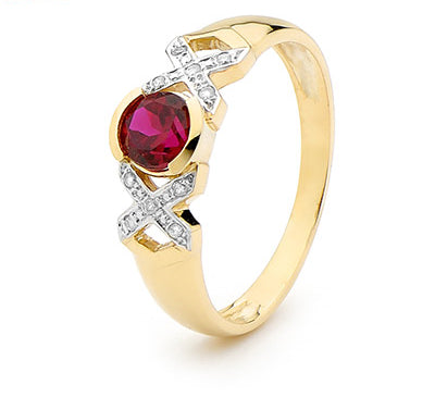 9ct yellow gold created ruby and diamond ring