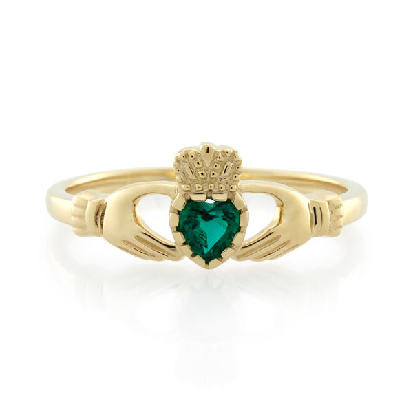 9CT Yellow Gold CREATED EMERALD CLADDAGH RING Size O