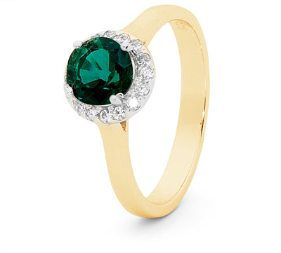 9ct yellow gold created emerald and diamond ring