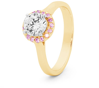 9ct yellow gold white and pink cubic zirconia ring