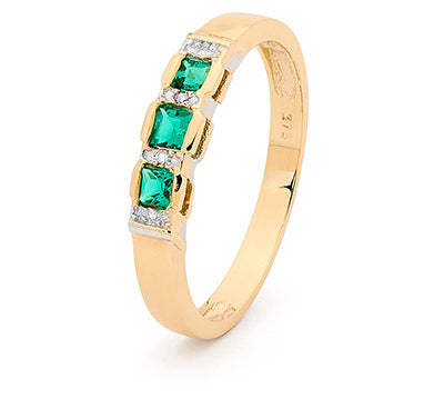 9ct yellow gold created emerald and diamond ring