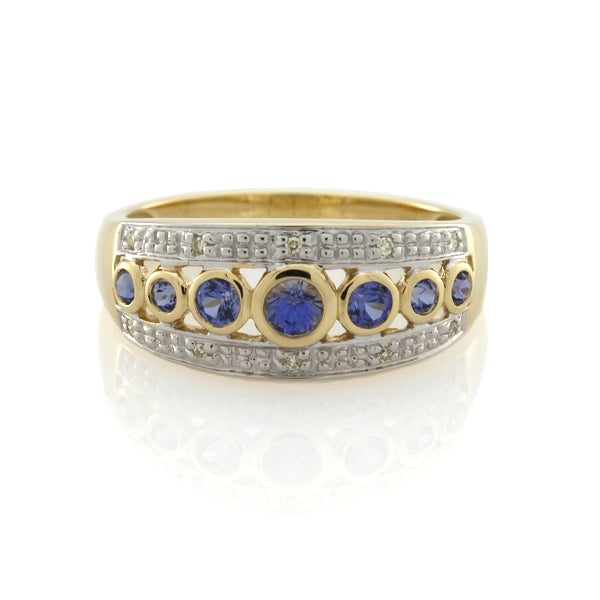 9CT GOLD CREATED CEYLON SAPPHIRE & DIAMOND RING