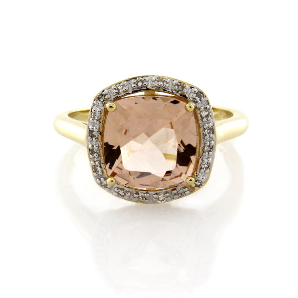 9CT YELLOW GOLD 9X9mm MORGANITE AND DIAMOND RING TDW=0.10CT HI P1 Size O