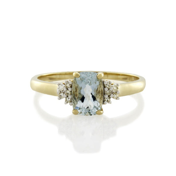9CT YELLOW GOLD 7X5mm AQUAMARINE AND DIAMOND RING TDW=0.05CT JKP1 Size O