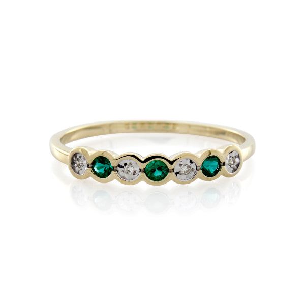 9CT YELLOW/WHITE GOLD CREATED EMERALD AND DIAMOND RING TDW=0.013CT JK P1 3=0.09CT CREATED EMERALDS Size O