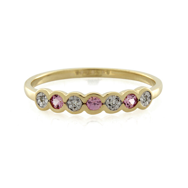 9CT GOLD CREATED PINK SAPPHIRE AND DIAMOND RING TDW=0.013CT JK P1 3=0.12CT CR/PINK SAPPHIRES Size O