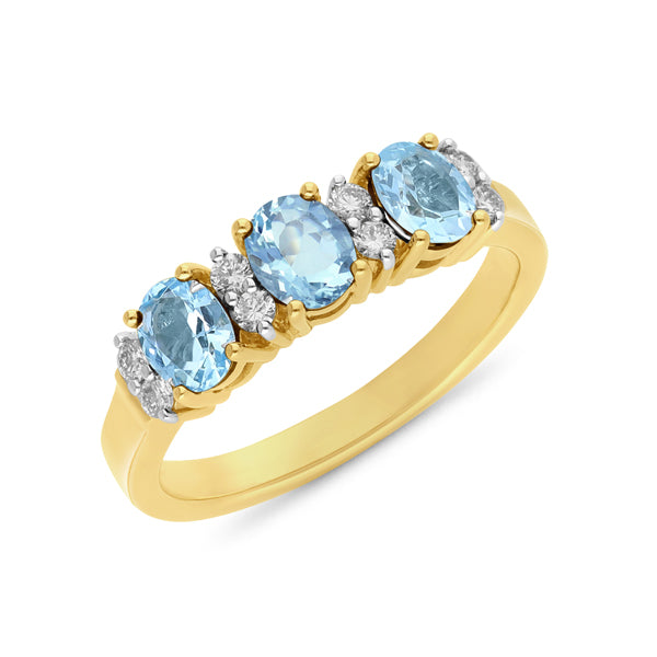 9CT YELLOW GOLD AQUAMARINE AND DIAMOND RING 3-5X4MM AQUAMARINES TDW 0.18CT JK SI3 SIZE N