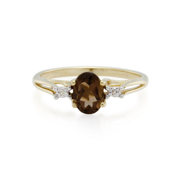 9CT GOLD SMOKEY QUARTZ AND DIAMOND RING 7X5mm SM QTZ TDW=0.007CT JK P1 Size O