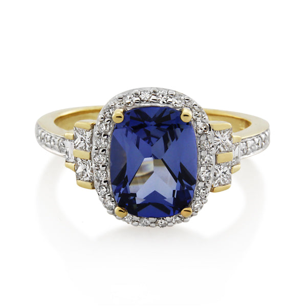 9CT YELLOW GOLD CREATED 9X7mm CEYLON SAPPHIRE AND DIAMOND RING 4DIA=0.20CT H SI, 32DIA =0.192CT HP1, 2DIA=0.06CT H SI Size N