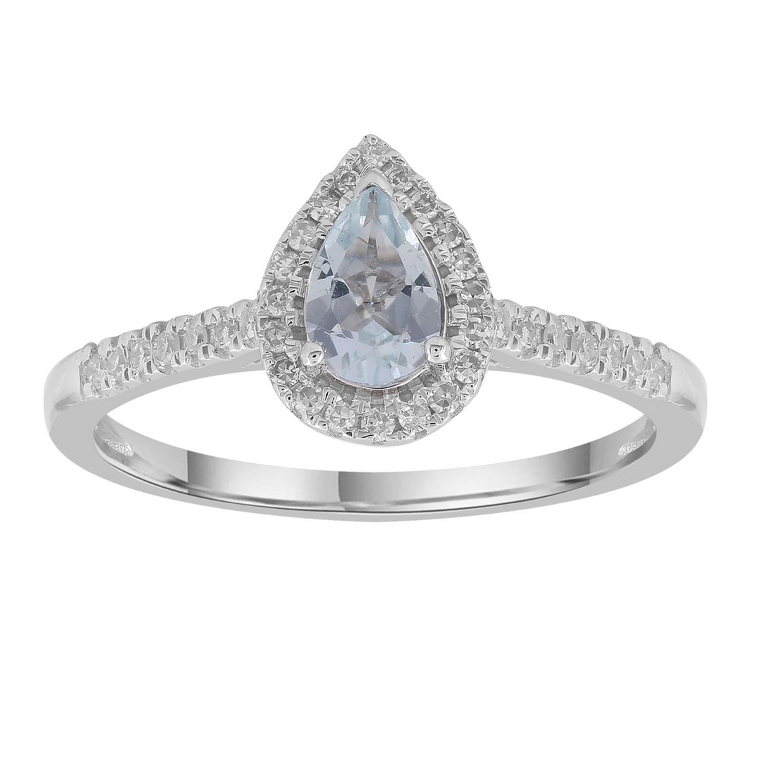 9CT WHITE GOLD AQUAMARINE AND DIAMOND RING TDW=0.15CT HI I1 SIZE P