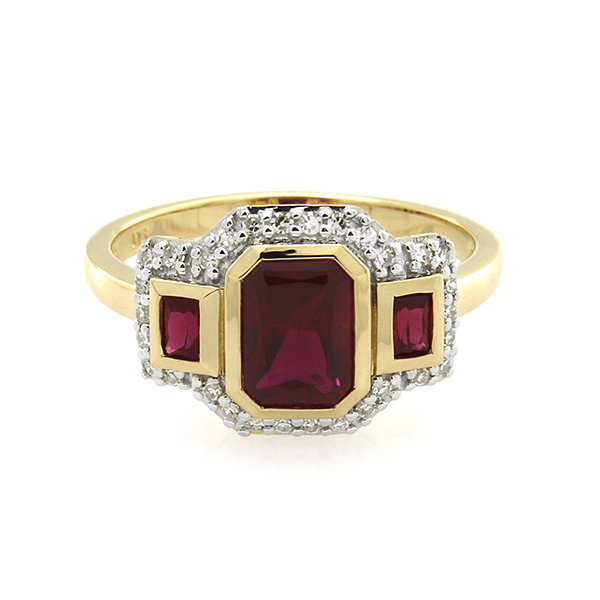 9CT YELLOW GOLD CREATED RUBY AND DIAMOND RING 1qty 7X5mm CREATED RUBY 2qty 3X2mm CREATED RUBIES TDW=0.15CT JK P1 Size O