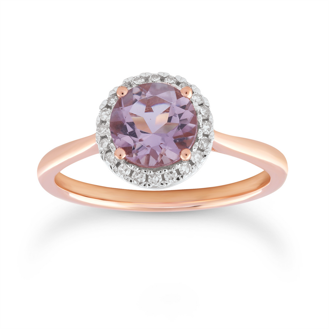 9CT ROSE GOLD PINK AMETHYST AND DIAMOND RING TDW=0.12CT HI I1 SIZE P