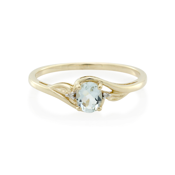 9CT YELLOW GOLD AQUAMARINE AND DIAMOND RING 1X0.40CT AQUAMARINE AND 2=0.007CT JK P1 Size O