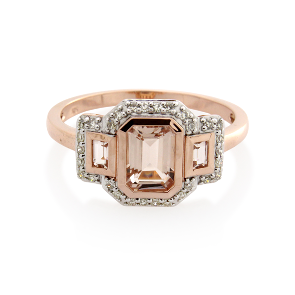 9CT ROSE GOLD MORGANITE AND DIAMOND DRESS RING 1 X MORGANITE 7X5 0.800 2 X 3X2 0.10 DIAMONDS 0.005 SIZE T