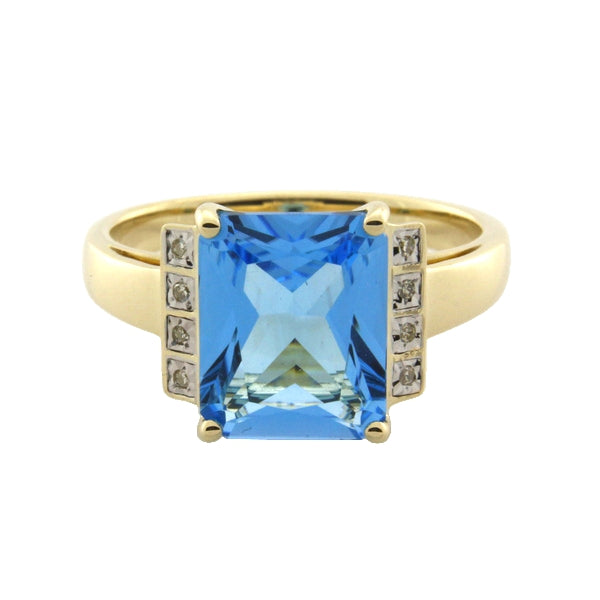 9CT YELLOW GOLD BLUE TOPAZ AND DIAMOND RING TDW= 0.02 JK P1 SIZE O